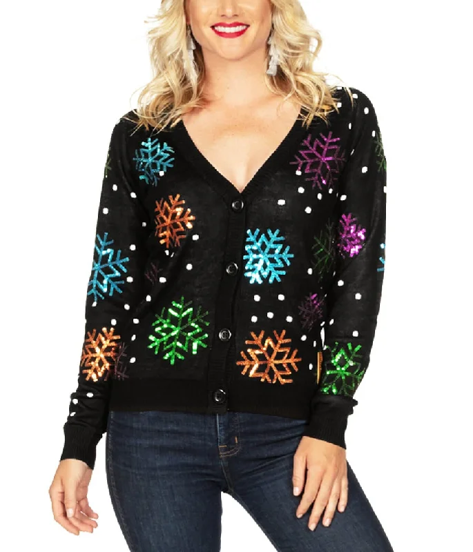 Women's Sequin Snowfall Ugly Christmas Cardigan Sweater Hooded Caped Shawl Collar