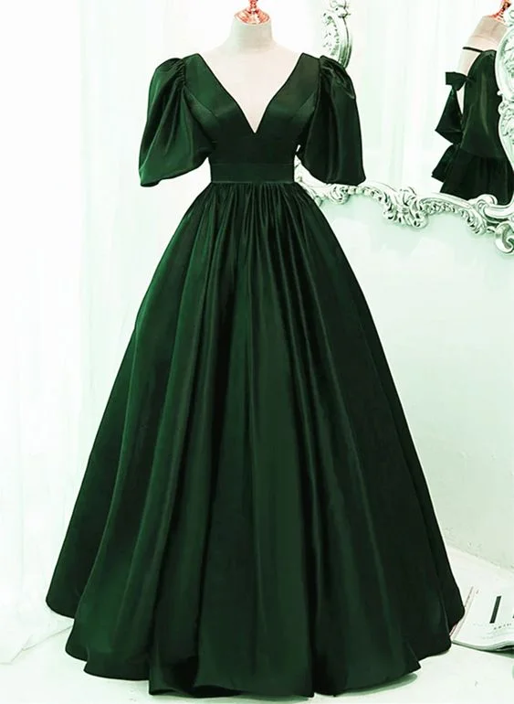 Green Satin Short Sleeves Long Party Dress, Green Floor Length Evening Dress Prom Dress   cg25042 Tunics Floral girly
