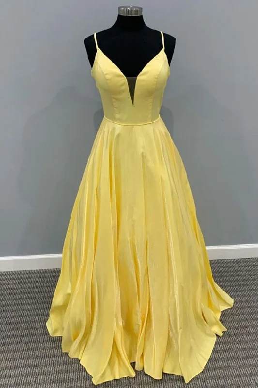 A-line yellow long prom dress party dress with spaghetti straps    cg20610 Tunics Designer luxury