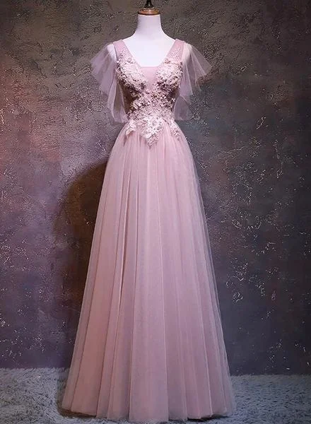 Pink Tulle V-Neckline Long Prom Dress, New Pink Wedding Party Dress    cg20405 Tunics Trendy modern