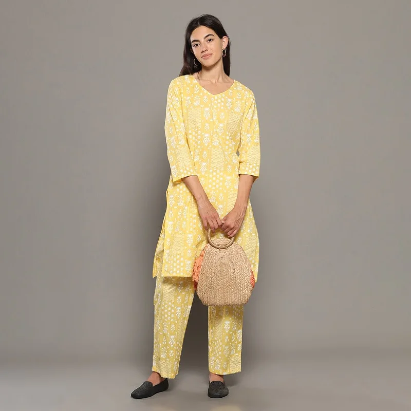 Yellow Cotton Abstract Print Kurta & Pant Co-ord Set – Loungewear Chic Checkered Pants