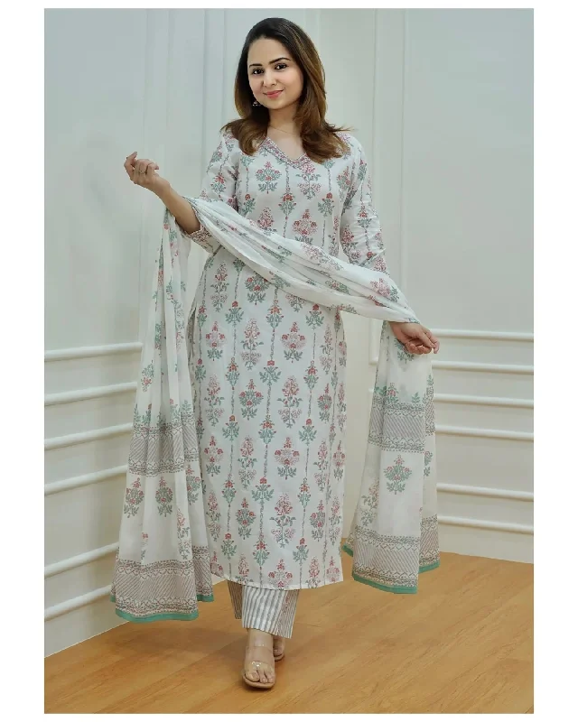 Women's White Printed Viscose Rayon Kurta And Pant Set - Alvami Casual Track Pants