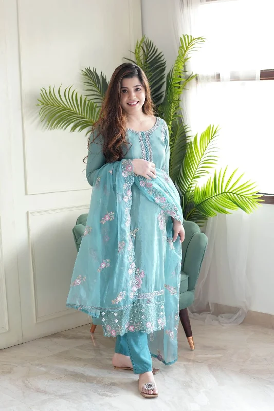 Women's Sky Blue Embroidery Kurta With Pant And Duppata Set - Dwija Fashion Relaxed Lounge Trousers