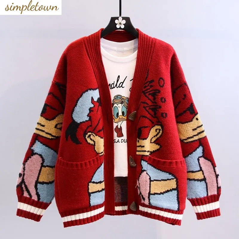 Cartoon Sweater Coat Women's Autumn and Winter 2023 New Slouchy Loose Outerwear Versatile Thickened Knitted Cardigan Soft Cozy Warm