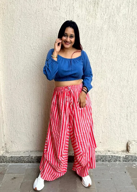 Amani Cowl Handloom Cotton Pants With Elastic- Red Trendy Work Pants