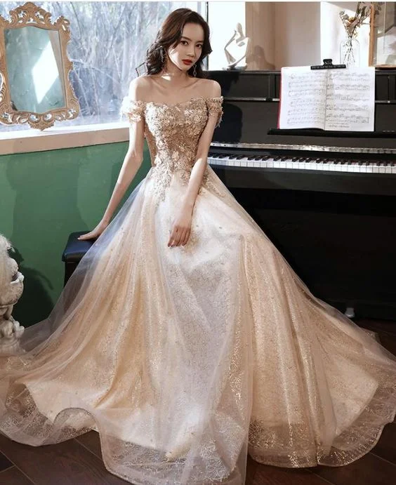 Beautiful Light Champagne Long Flowers Lace Party Dress, Tulle Shiny Prom Dress    cg21914 Tunics Summer linen