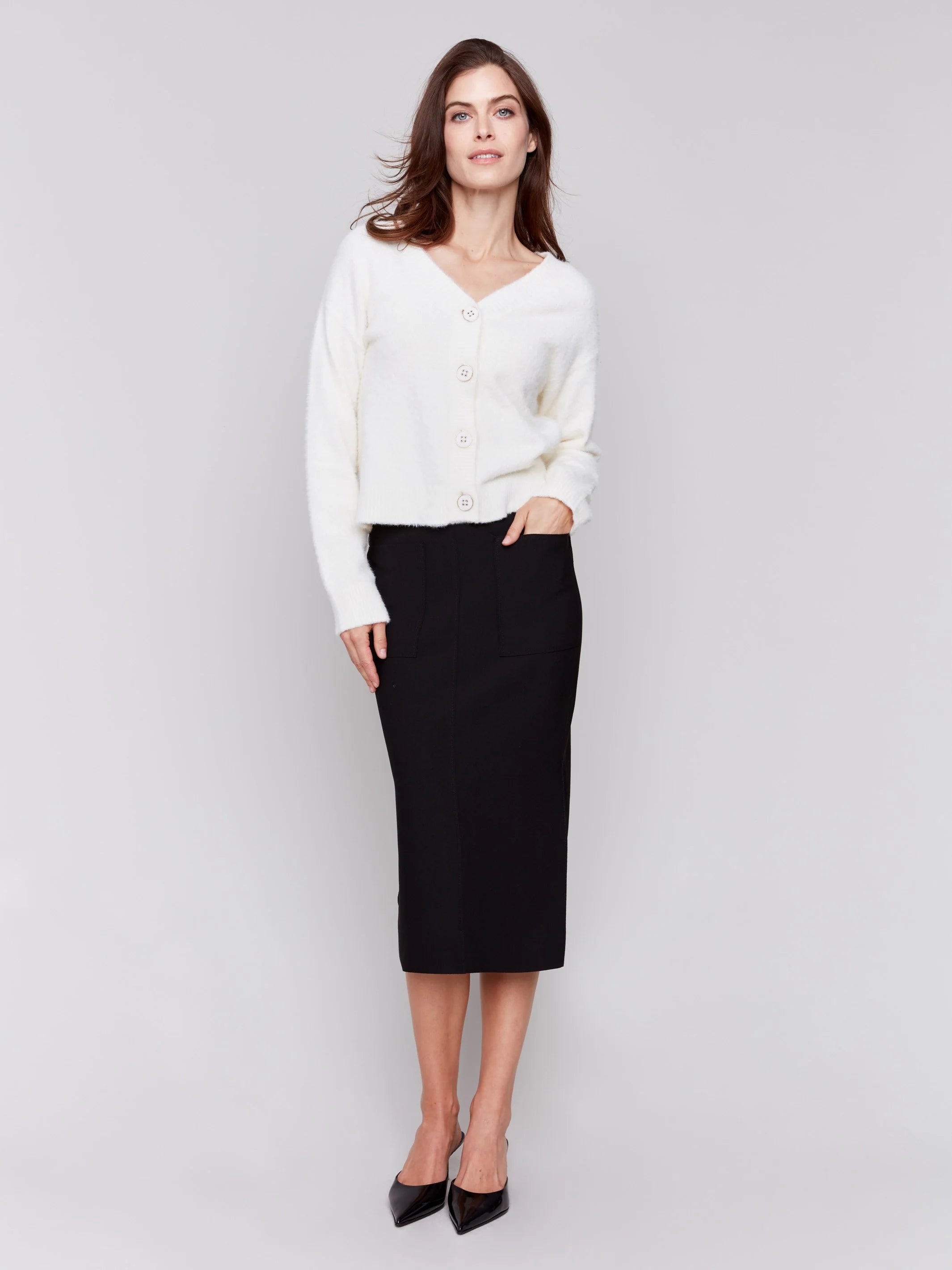 Gutsy Crepe Skirt with Patch Pockets high slit skirt