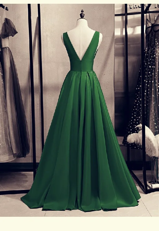 Green Satin V-Neckline Low Back Floor Length Prom Dress Evening Dress, Green Party Dress Formal Dress   cg22276 Tunics Velvet soft