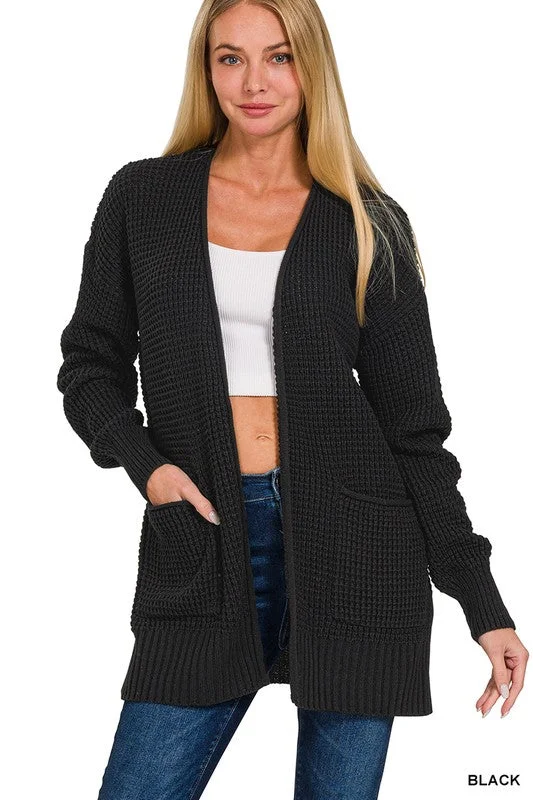 Find Your Roots Black Waffle Knit Pocket Cardigan (Size XLarge) Hooded Caped Shawl Collar