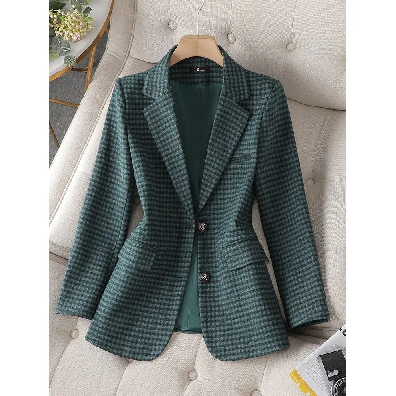 CAROLINE SUITS Women's Elegant Stylish Fashion Office Professional Woven Emerald Green Plaid Blazer Jacket Chenille Jacket Brocade Jacket Lace Jacket