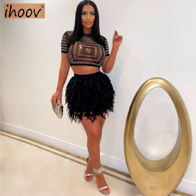 fall women club wear 2022 mesh sexy two piece rhinestone crop top feather skirts set satin skirt smooth