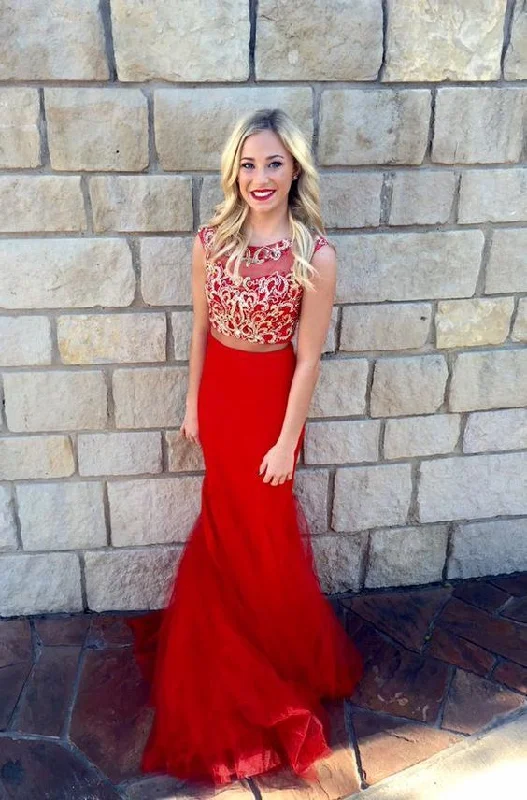 Two piece red long prom dress, beading top formal party dress     cg20098 Halter Neckline Beach
