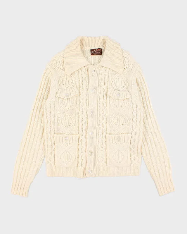 Womens Vintage Cream Cable Knit Wool Button Up Cardigan - L Real Fur Shearling Chenille