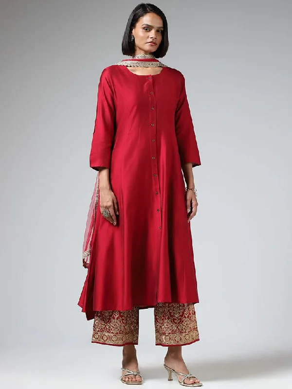 Vark Plain Red Kurta with Embroidered Pants & Dupatta Trendy High-Waist Trousers