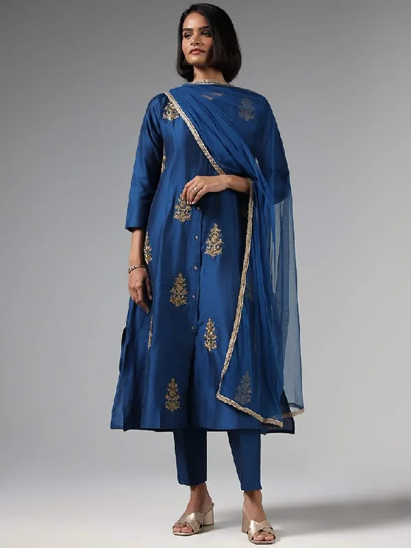 Vark Indigo Zari Embroidered Kurta, Pants & Dupatta Set Soft Stretch Trousers