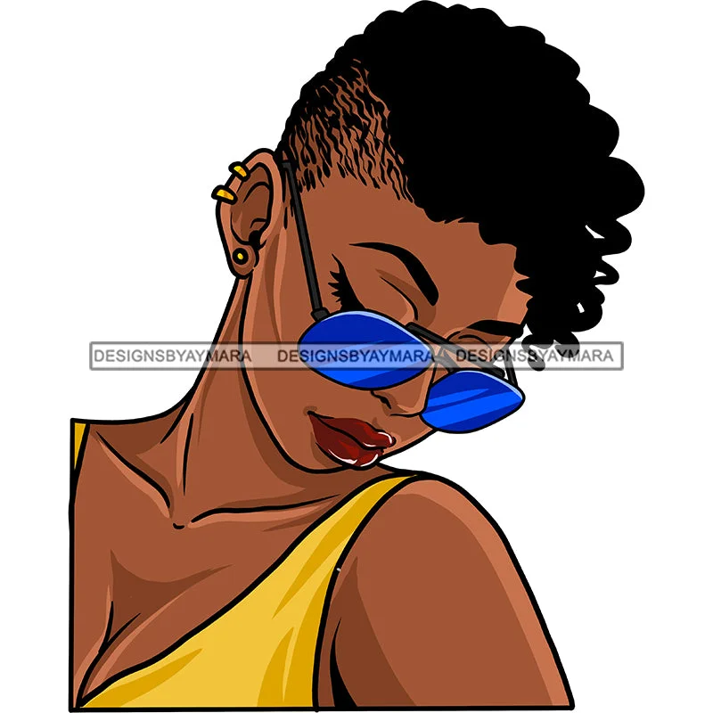 Black Woman Short Hair Cut Blue Sunglasses Red Lips Yellow Mustard Tank Top Bent Head Clipart Graphic  Skillz JPG PNG  Clipart Cricut Silhouette Cut Cutting charcoal tank top