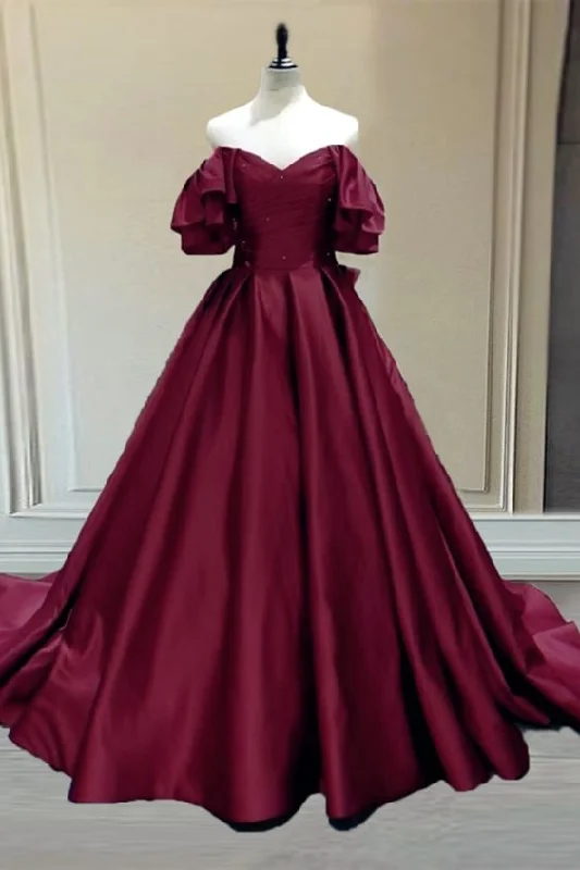 Burgundy Ball Gown Satin Prom Dresses Off The Shoulder Wedding Party Dress    cg22311 Tunics Mesh breathable