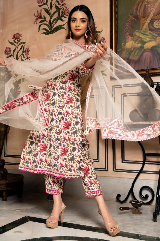 Women's Floral Pinted Knee Length V Neck 3/4 Sleeves Kurti And Pant Set With Net Dupatta  - Modestouze Attires Trendy Work Pants