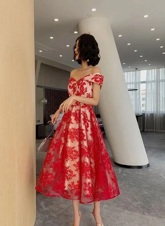 Red Lace Off Shoulder Tea Length Bridesmaid Dress, Lace Party Dress Prom Dress   cg18387 Tunics Wedding white