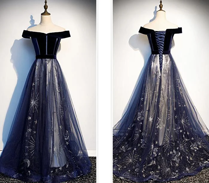 Lovely Off Shoulder Velvet And Tulle Prom Dress, Navy Blue Party Dress Formal Dress   cg20183 Peplum Ruffle Cocktail