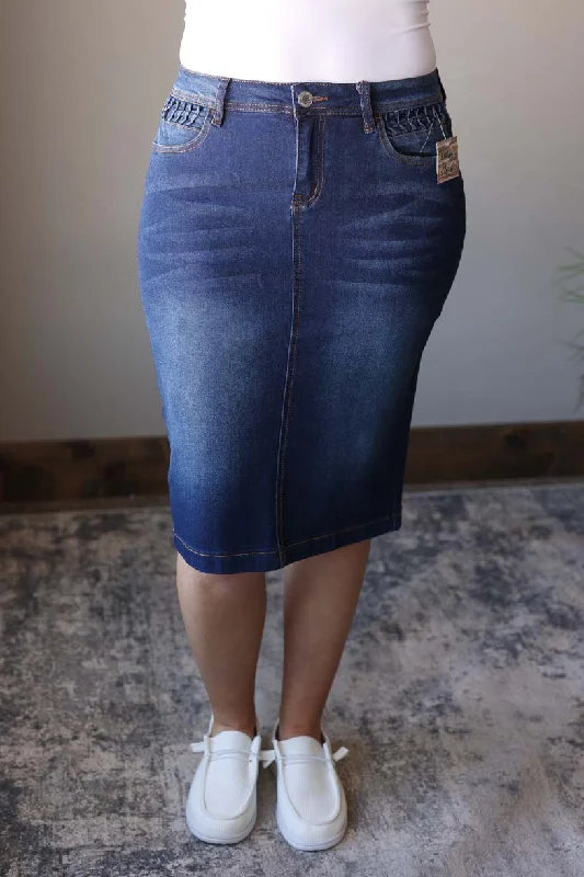 Dark Wash Ruched Stretch Denim Skirt patchwork skirt art
