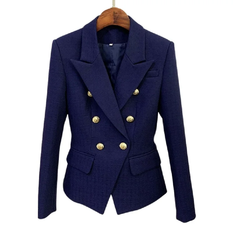 HIGHSTREET Women's Elegant Stylish Fashion Office Professional Woven Plaid Navy Blue Blazer Jacket Plaid Jacket Tartan Jacket Houndstooth Jacket