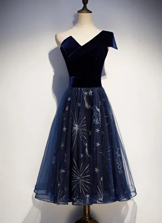 Elegant Navy Blue One Shoulder Bridesmaid Dress, Blue Wedding Party Dresses Prom Dress   cg15009 Tunics Versatile stylish