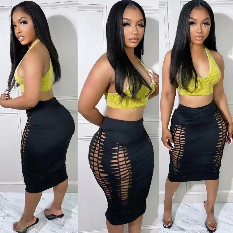 J&H 2023 new arrivals knee length black hollow out ripped skirts women sexy night club slim fit skirts wool skirt sturdy
