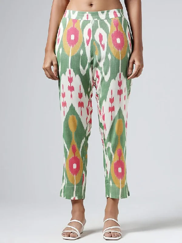 Utsa Green Multicolor Ikat Printed Pants Soft Cotton Pants