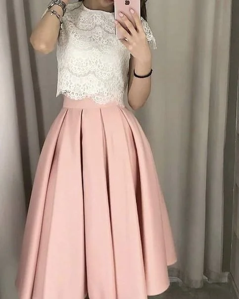 Cute Party Dress Two Piece Prom Dress Lace Cap Sleeves Prom Dress Lace Evening Dress   cg21224 Turtleneck Neckline Stylish