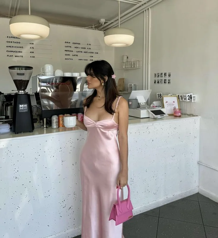 Simple Straps Sleeveless Party Dress Satin Pink Prom Dress      cg25258 Tunics Timeless classic