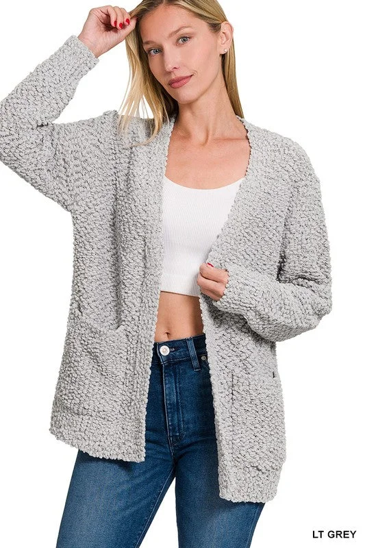 Morning Coffee Light Grey Popcorn Detail Open Cardigan Chenille Blend Fleece Blend Nylon Blend