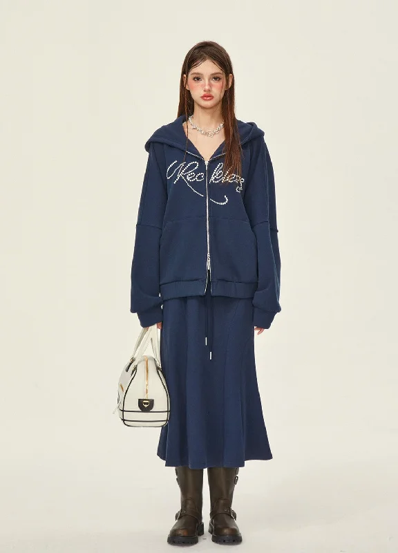 Double Zipper Plus Velvet Thickened Hooded Sweatshirt Jacket/Long Skirt GIF0075 Stand-Up Collar Roll-Neck Collar Turtle Neck