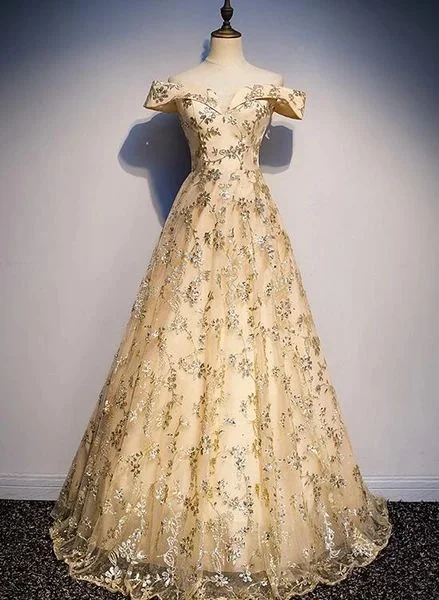 Charmiang Light Gold Long Off Shoulder Party Dress, Prom Dress      cg22608 Square Neckline Feminine