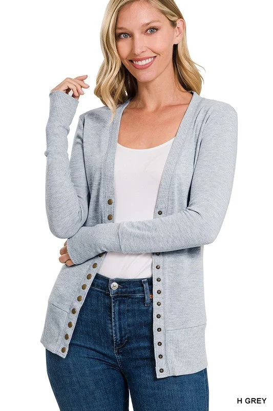 Oh Snap Heather Grey Ribbed Snap Closure Cardigan-LS Cotton Fabric Linen Fabric Terry Fabric