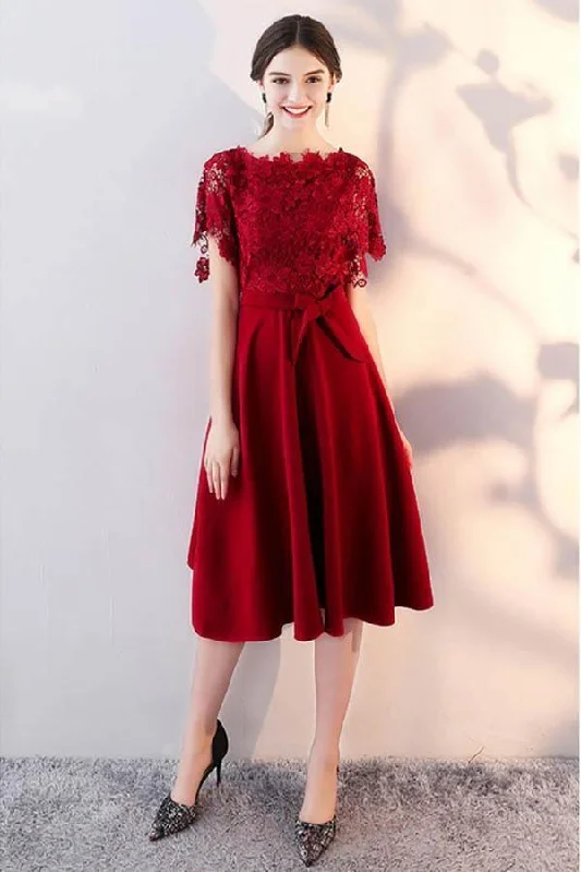Tea Length Lace Sleeve Wedding Party Dress Homecoming Dress with Sash PD096 Tunics Cozy soft