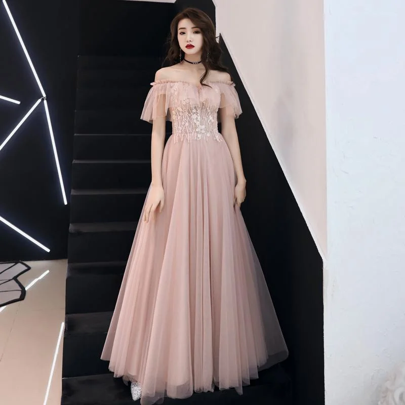 Pink Lace Off Shoulder Tulle A-Line Floor Length Party Dress, Pink Formal Dresses prom Dress        cg23034 Lace Sexy Club