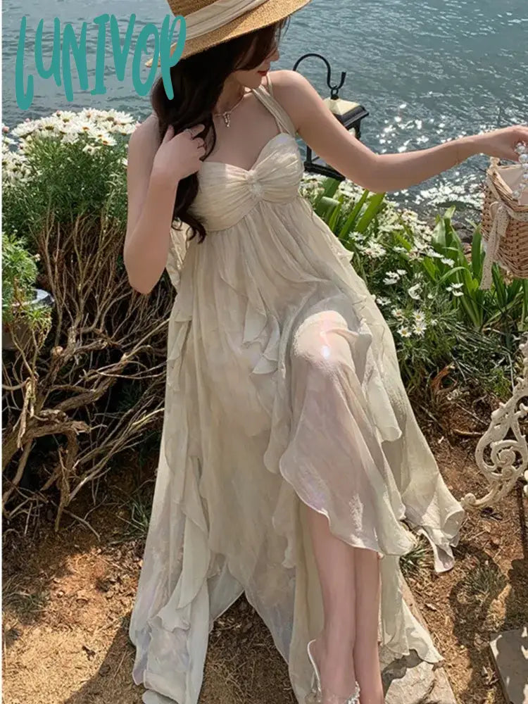 Lunivop Summer Women Beach Long Sundress Suspenders Vintage Backless Ruffles Fairy Dress Elegant Holiday Beach Romantic Party Dress Tunics stripes playful
