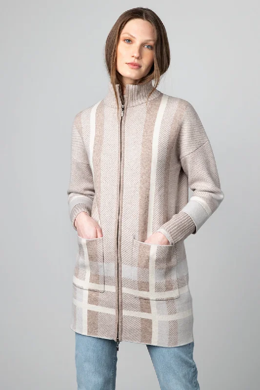 Kinross Cashmere Plaid Zip Mock Cardigan Seamless Knitted Crochet
