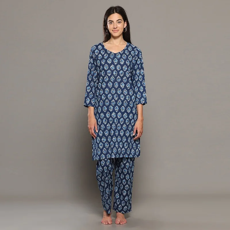 Blue Cotton Butta Printed Kurta & Pant Co-Ord Set – Loungewear Classic Cropped Pants