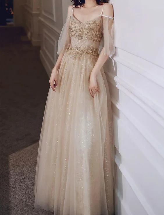 Prom Dress Sparkly V Neck Party Dress Elegant off Shoulder Ball Gown Straps Long Evening Dress Elegant Beading Banquet Dress    cg21470 Pleated Skirt Elegant