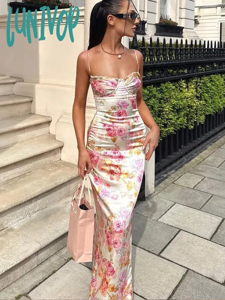 Lunivop Suninheart Summer Spaghetti Strap Floral Print Party Dresses Elegant Maxi Bodycon Wedding Guest Holiday Dress New In Dress Tunics Luxurious high-end