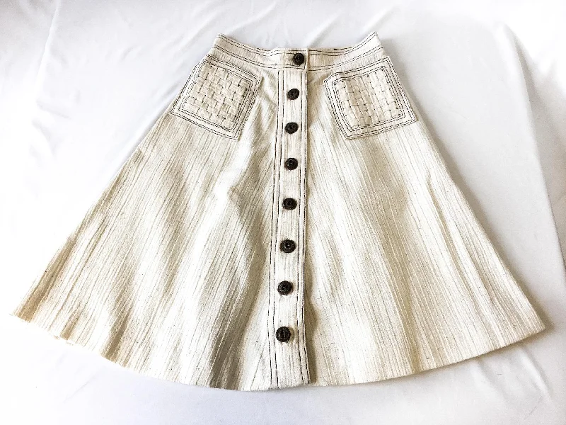 Vintage Handmade Cream/Off-White Speckled Button Midi Skirt with Woven Pocket Detail, Approx. Sz. S, Waist Sz. 25" lace skirt intricate