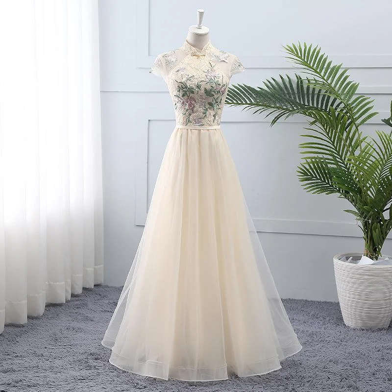 Light Champagne Tulle And Lace High Neckline Long Party Dress, A-Line Tulle Bridesmaid prom Dress       cg23136 Tunics Luxurious high-end