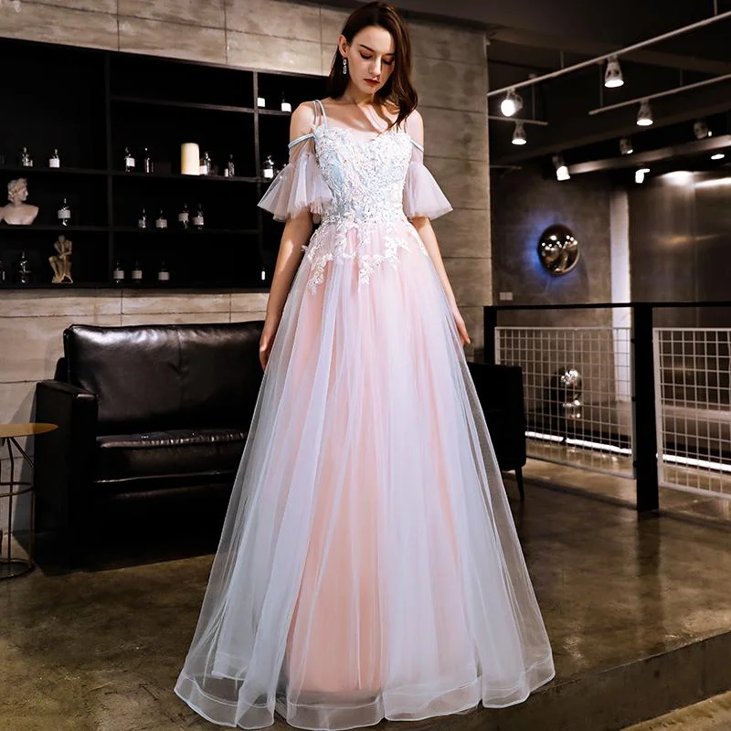 Blue And Pink Off Shoulder Floor Length With Lace Applique Party Dress, Pink Formal Dress Prom Dress       cg22961 Bodycon Fitted Nightout