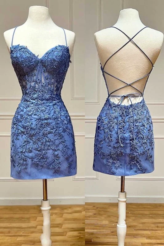 Periwinkle Blue Appliques Sweetheart Lace-Up Mini Party Dress Tunics Denim casual