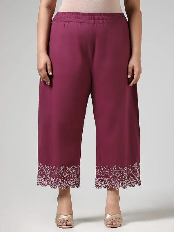 Diza Purple Floral Hem Embroidered Cotton Straight Pants Modern Bootcut Pants