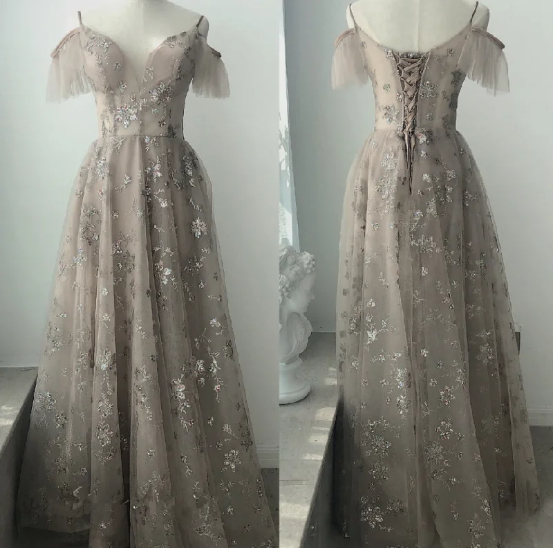 Beautiful Light Champagne Straps Long Party Dress, A-Line Floor Length Prom Dress   cg14868 Tunics Sophisticated sleek