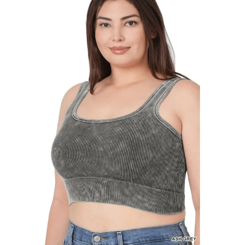 Plus Washed Ribbed Square Neck Cropped Tank Top lemon yellow tank