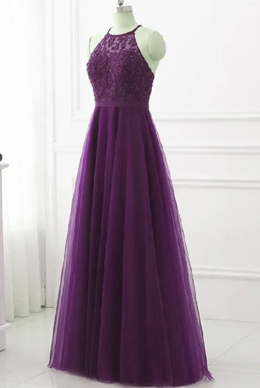 Purple Halter Tulle With Lace Applique Long Prom Dress, A-Line Floor Length Party Dress   cg18202 empire Waist empire